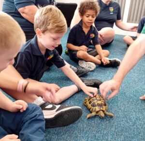 3 children with a tortoise